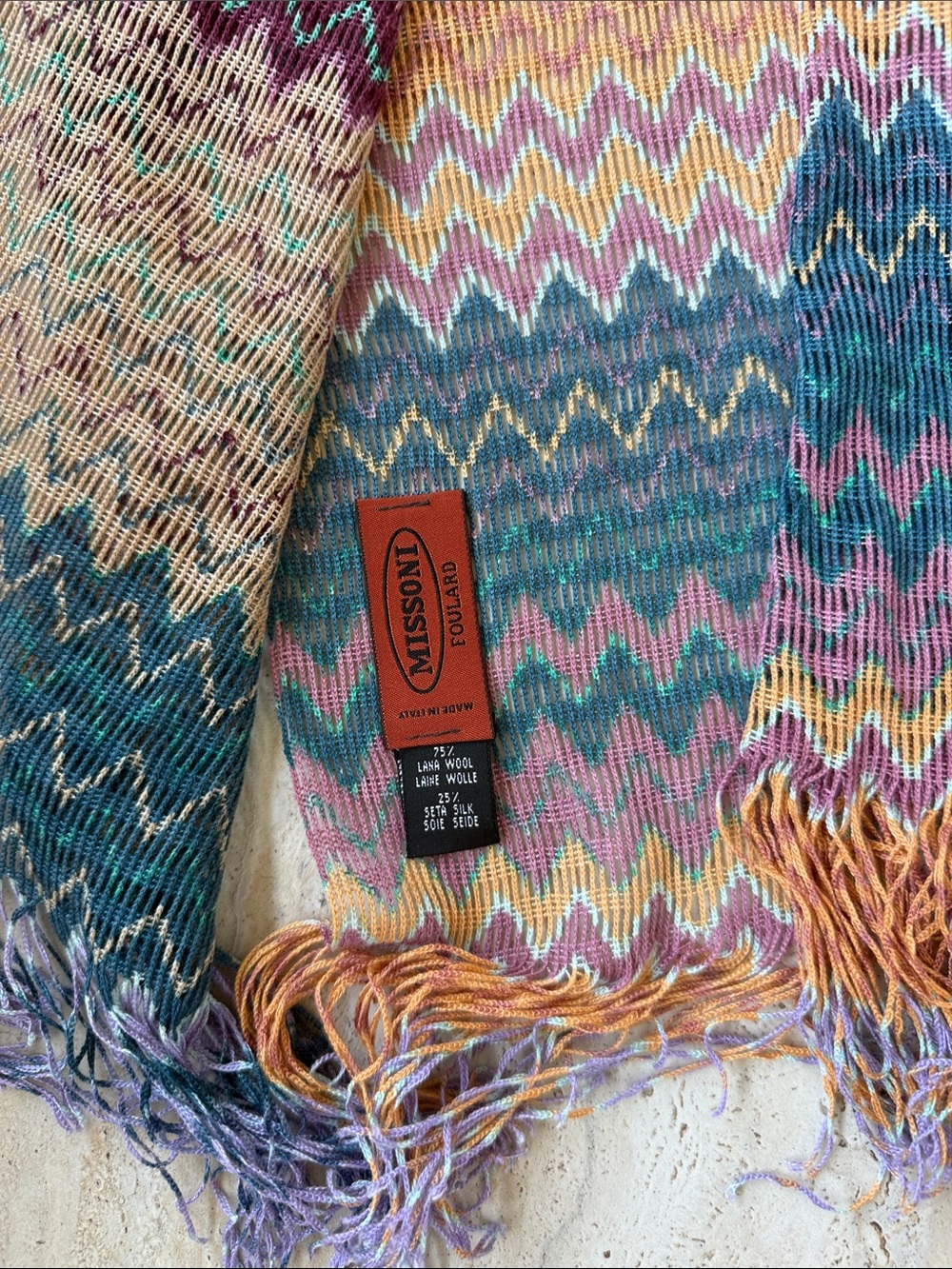 Missoni Zigzag Fringe Wool-Blend Scarf in Teal, Purple, Gold - Picture 3 of 4